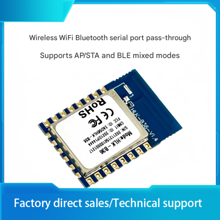 B36 Bluetooth module with 4.2GHz serial port and 2.4GHz Wi-Fi data pass-through, supporting Alibaba Cloud and Tuya Cloud integration with APP.