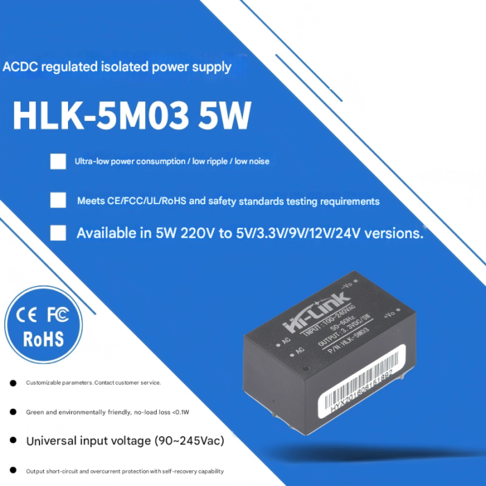 HLK-5M03acdc step-down regulated power supply module, 220V to 3V, 5W, 1.6A, disconnect switch.